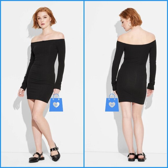 Medium - Womens Off the Shoulder Lace Trim Mini Bodycon Dress - Black - Picture 1 of 6